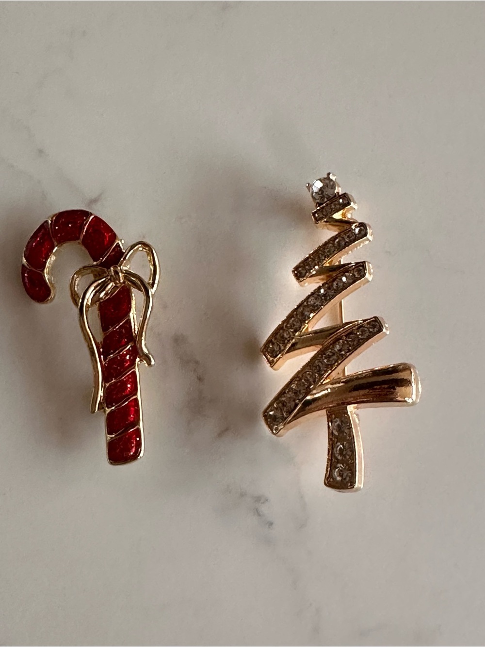 Festive Candy Cane and Christmas Tree Holiday Brooch Set - Red & Gold